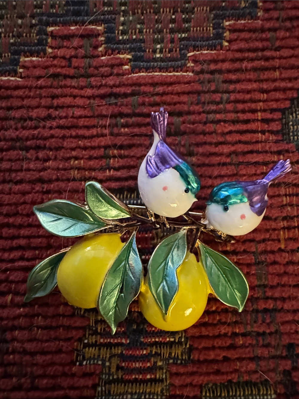 Vintage-Inspired Yellow Lemon & Purple Bird Decorative Brooch